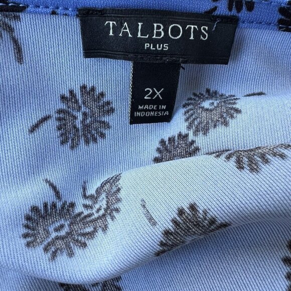 Talbots Plus Sz 2X Blue Black Stretch Jersey Dress Faux Wrap Daisy Knee Length - Picture 3 of 4